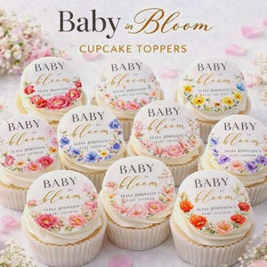 Jadalne ozdoby na babeczki na baby shower: papier opłatkowy z motywem kwiatowym i akwarelami lub folia do lukrowania, zestaw 12 sztuk