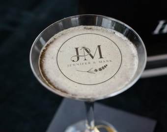 PERSONALIZED WEDDING Drink Toppers: EDIBLE Wafer Paper Circles, Custom Initials Cocktail Decor