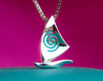 Spiral Inspired Boat Necklace: Silver & Blue Stainless Steel Wa'a Kaulua Pendant Valentine Day Love Gift Boat Pendant