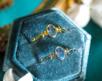 18K Gold Plated Jasmine Crown Ring Blue Crystal Princess Ring Dainty Royal Jewelry Gift for Her Valentine Day Love Gift Promise Ring