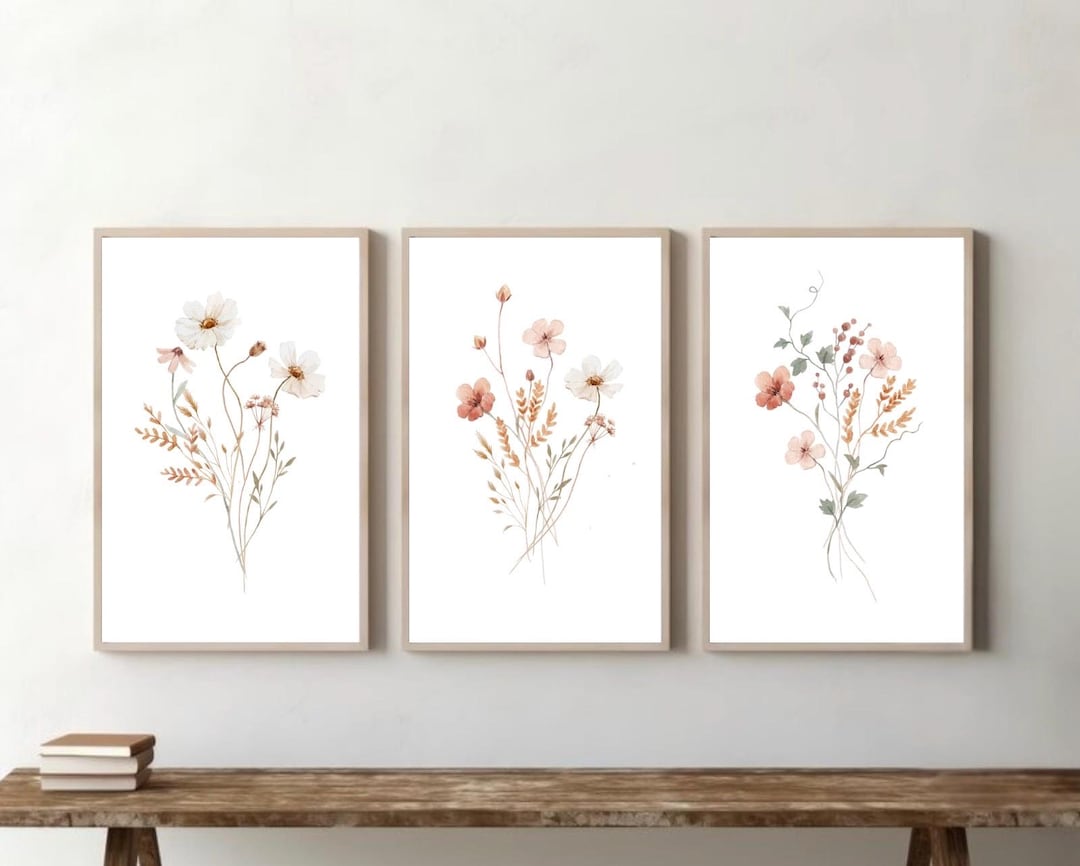 Neutral Botanical Wall Art Set of 3, Minimal Floral Prints, Beige ...