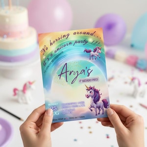 Unicorn Themed Birthday Invitation.  Kids Rainbow Party, Editable Canva Digital Template + Printable