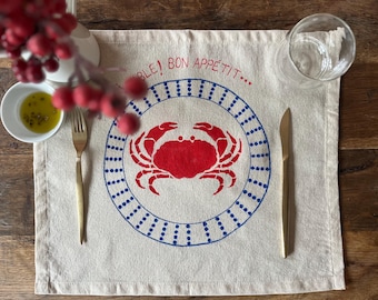 Mantel individual de cangrejo estampado a mano – Mantel de mesa estilo costero francés, servicio americano