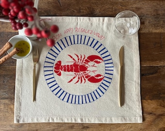 Mantel individual de langosta estampado a mano – Mantel de mesa estilo costero francés, servicio americano