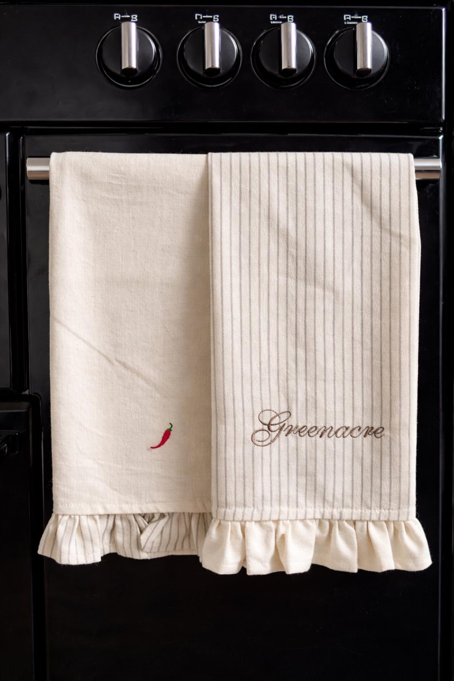 Custom Luxury Personalised Embroidered 100% Cotton Ruffle Kitchen Tea Towels | Monograms, Names and Icons - Stripe