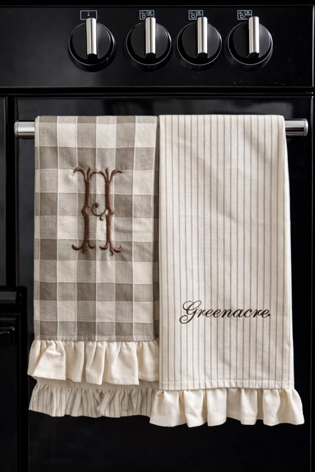 Custom Luxury Personalised Embroidered 100% Cotton Ruffle Kitchen Tea Towels | Monograms, Names and Icons - Stripe, 1
