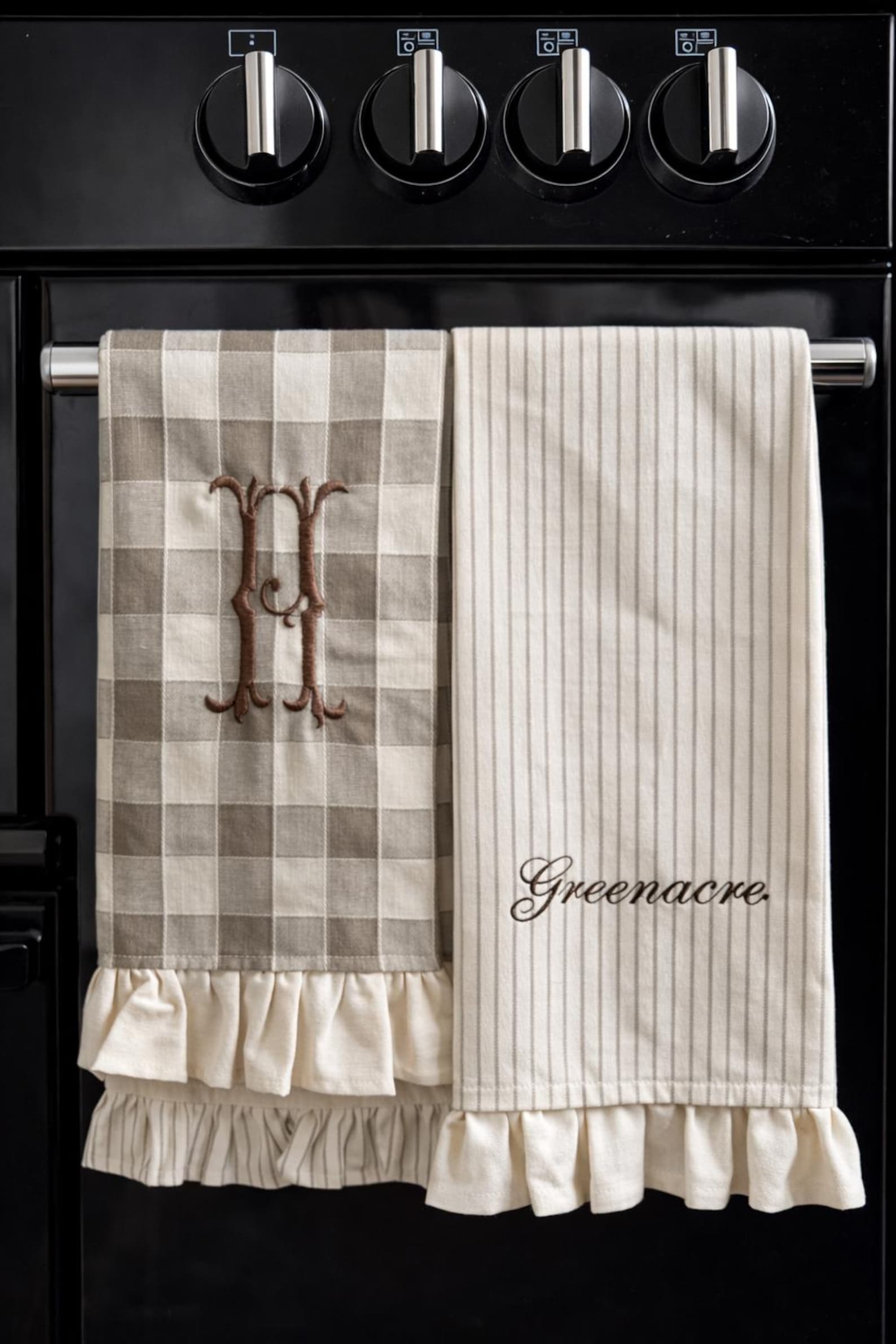 Custom Luxury Personalised Embroidered 100% Cotton Ruffle Kitchen Tea Towels | Monograms, Names and Icons - Stripe, 1