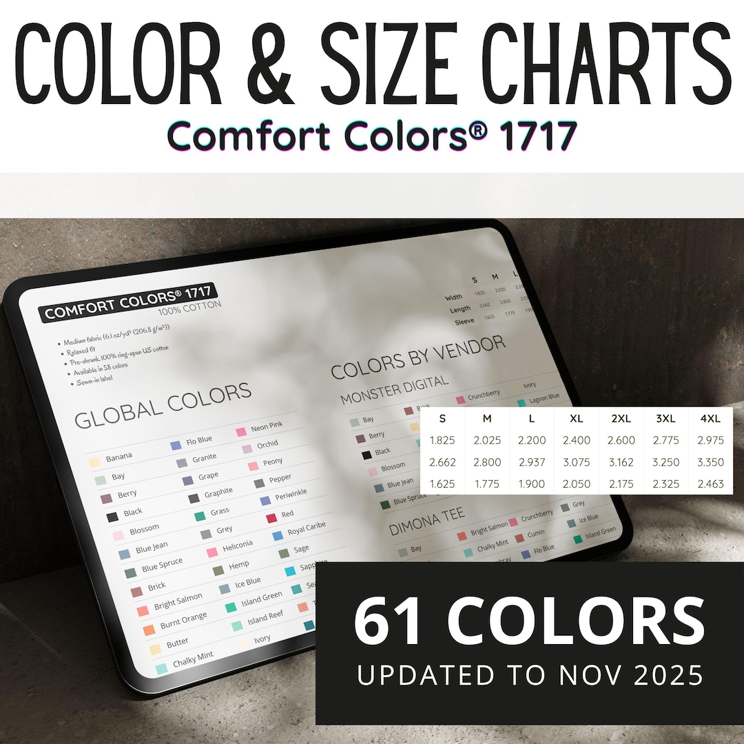 Comfort Colors 1717 – Color & Size Chart | Instant Download | 61 ...