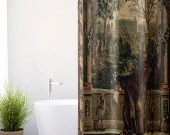 French Verdure Tapestry Shower Curtain, Vintage Bathroom Decor, Retro Fabric Bath Curtain