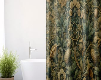 Dark Green Botanical Shower Curtains, Moody Floral Bathroom Curtain, Waterproof Shower Curtains