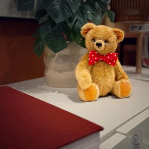 May include: A plush, golden-brown teddy bear with a red bow tie with white polka dots. The bear has orange paw pads and is sitting on a white surface next to a closed, burgundy book. A large green plant is in the background.
