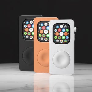 May include: Three Apple Watch cases in black, orange, and white. Each case has a circular button and a screen displaying the watch interface. The cases are standing upright on a marble surface against a black background.