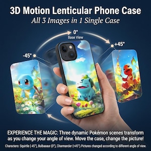 Peut inclure: Coque de téléphone noire avec un design lenticulaire en mouvement 3D. La coque affiche trois scènes Pokémon différentes : Carapuce, Bulbizarre et Salamèche. L'image change selon l'angle de vue. Le texte sur la coque indique "3D Motion Lenticular Phone Case".