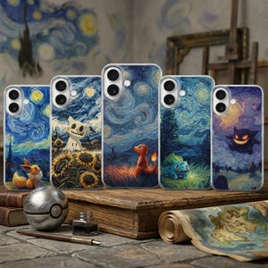 May include: A collection of phone cases featuring a starry night design with various cartoon characters. Each case showcases a different character, including Eevee, Mimikyu, Charmander, Bulbasaur, and Gengar, set against a swirling blue and yellow night sky.