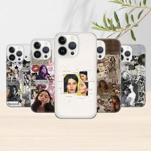 Op de afbeelding: Vijf telefoonhoesjes met verschillende ontwerpen. De hoesjes tonen collages van afbeeldingen, portretten en tekst. Het kleurenpalet omvat zwart, wit en bruintinten, met een transparante hoes in het midden. De hoesjes zijn ontworpen voor mobiele telefoons.