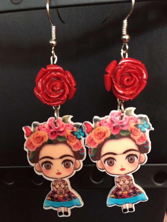 earrings red rose black tear drop crystals Frida Inspired CoWgirL bronze hooks