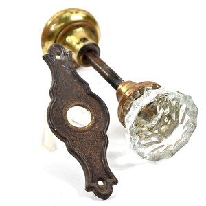 Antique Glass Brass Door Knob Set Spindle Escutcheon Architectural Salvage
