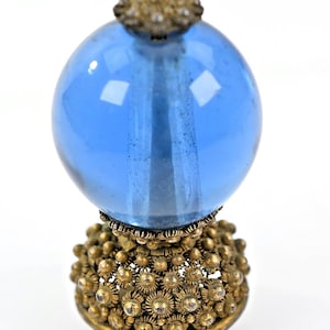 Antique Victorian Blue Glass Drawer Pull Knob Brass Floral Antique 2"