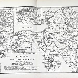 May include: A black and white printed map titled Six Nations, Outline Map of New York with Location of Indian Reservations, 1890. The map displays county boundaries, lakes, and rivers, with inset maps and a statistical table in the bottom left corner.