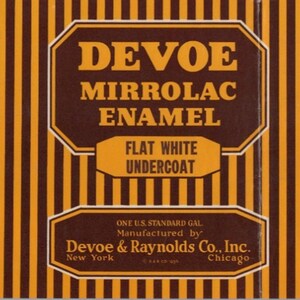 May include: A rectangular product label with vertical brown and orange stripes. The text reads DEVOE MIRROLAC ENAMEL, FLAT WHITE UNDERCOAT, and ONE U.S. STANDARD GAL. Manufactured by Devoe & Raynolds Co., Inc. New York Chicago, with the date 1936.