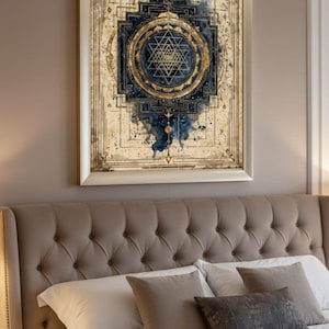 Op de afbeelding: Een ingelijste wandkunst met een geometrisch ontwerp in goud- en marineblauwe tinten. Het kunstwerk hangt boven een bed met een gecapitonneerd hoofdbord en kussens, wat een rustige slaapkameratmosfeer creëert.