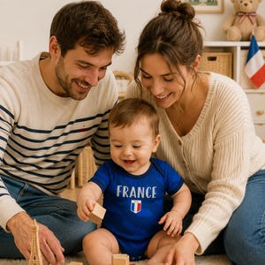 May include: A family plays with a baby wearing a blue onesie with "FRANCE" printed on it. Wooden toys, including a miniature Eiffel Tower and blocks, are scattered on the floor. A French flag and a Paris print are in the background.