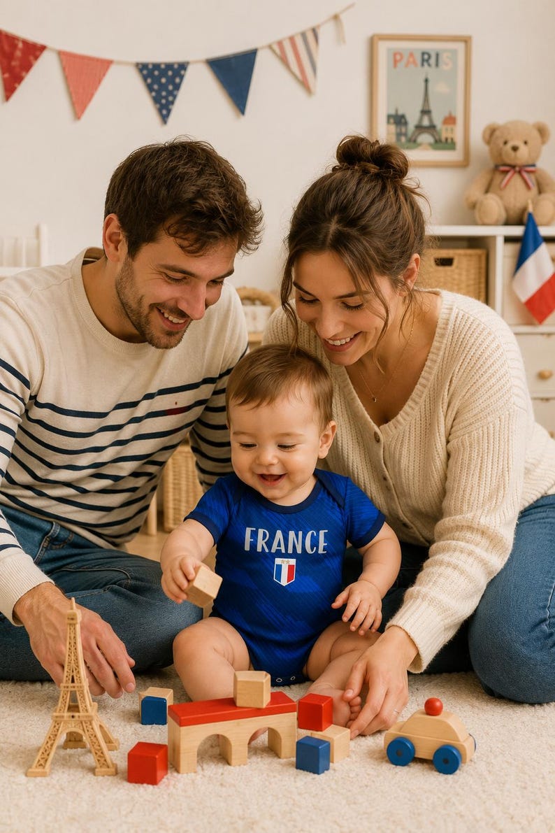 May include: A family plays with a baby wearing a blue onesie with "FRANCE" printed on it. Wooden toys, including a miniature Eiffel Tower and blocks, are scattered on the floor. A French flag and a Paris print are in the background.