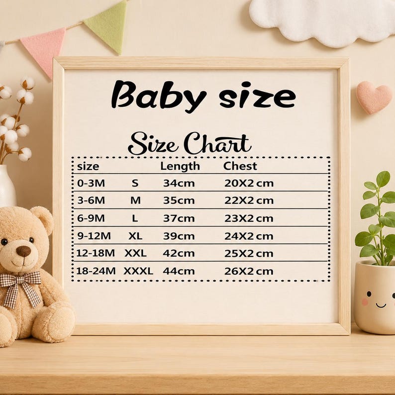 May include: A framed baby size chart with black text. The chart includes sizes from 0-3 months to 18-24 months, with corresponding measurements in centimeters for length and chest. A teddy bear and decorative elements surround the frame.