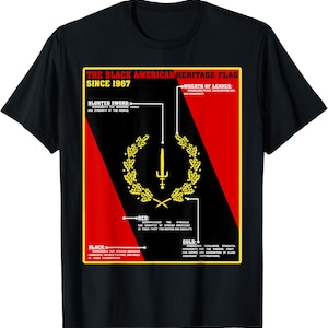 May include: Black t-shirt featuring a graphic of the Black American Heritage Flag. The design includes a red and black background with a gold emblem and text explaining the flag's symbolism. The text reads "THE BLACK AMERICAN HERITAGE FLAG SINCE 1967".