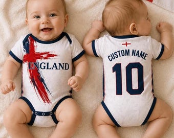Personalized England Baby Soccer Romper, Custom Name Number Bodysuit, Football Fan Gift