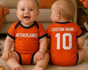 Custom Netherlands Baby Bodysuit, Personalized Soccer Fan Outfit, Orange Newborn Romper