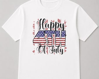 May include: White t-shirt with a patriotic design for the 4th of July. The design features the words "Happy 4th of July" in black script, with the numbers and letters filled with a red, white, and blue American flag pattern.