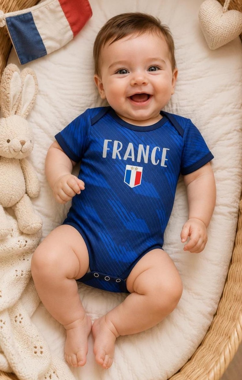 May include: A smiling baby wearing a blue bodysuit with the word "FRANCE" and a French flag emblem. The baby is lying in a wicker basket with a stuffed bunny and a small French flag nearby.