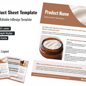 Può includere: Un modello di scheda prodotto con il testo "Product Sheet Template" e "Editable InDesign Template". Il design include un barattolo di crema e il layout è per i formati A4 e US Letter. Presenta stili di paragrafo e caratteri Adobe.