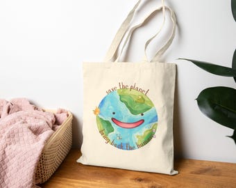 Save the Planet Earth Watercolor Tote Bag | Pokopia Ditto Canvas Bag