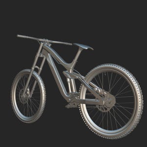 May include: A silver mountain bike with a full suspension system. The bike has knobby tires, disc brakes, and a curved frame. The handlebars are wide, and the seat is positioned low. The bike is designed for off-road riding.