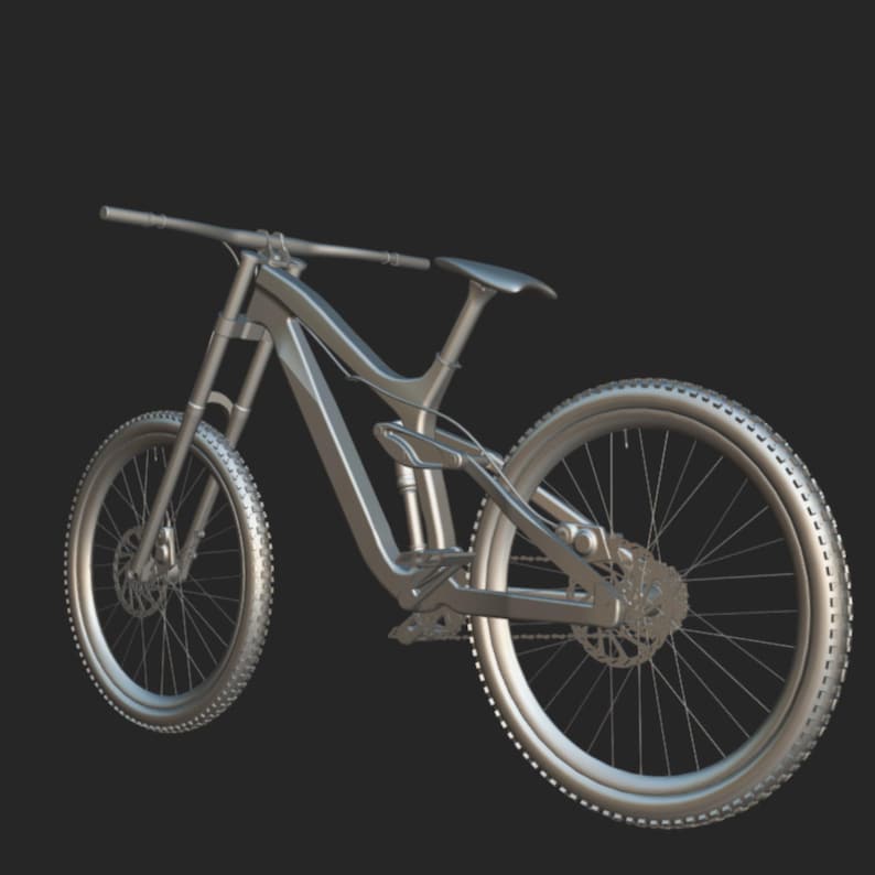 May include: A silver mountain bike with a full suspension system. The bike has knobby tires, disc brakes, and a curved frame. The handlebars are wide, and the seat is positioned low. The bike is designed for off-road riding.