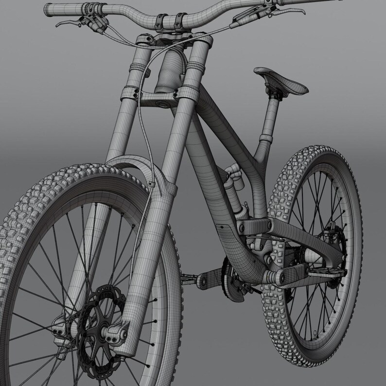 May include: A detailed wireframe rendering of a mountain bike, showcasing its components. The bike features knobby tires, disc brakes, and a suspension system. The handlebars, seat, and frame are all visible in the grayscale image.