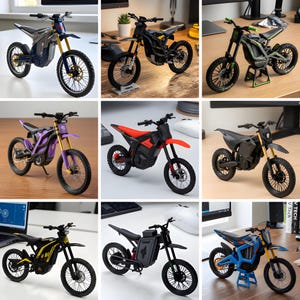 May include: A collection of nine miniature electric dirt bike models in various color schemes including blue, black, green, purple, red, and yellow, each featuring knobby tires, suspension forks, and a frame design typical of off-road motorcycles.