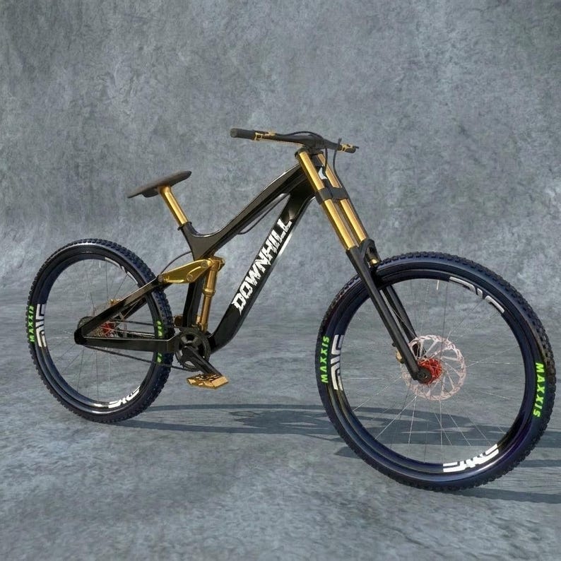 May include: A black and gold downhill mountain bike with the word "DOWNHILL" in white. The bike has black tires with white and green accents, and a red disc brake. The frame and suspension components are gold.