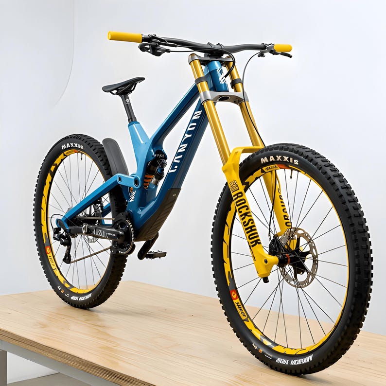 K&ouml;nnte beinhalten: Blau-gelbes Canyon Mountainbike mit schwarzen Reifen. Das Fahrrad hat gelbe Federgabeln und einen Lenker. Die R&auml;der haben gelbe Akzente und die Reifen sind mit dem Namen Maxxis versehen. F&uuml;r Downhill-Fahrten konzipiert.