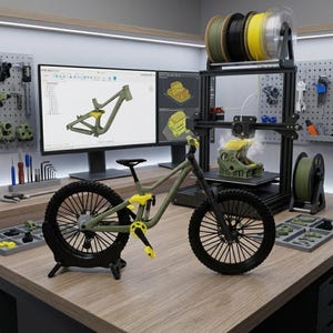 K&ouml;nnte beinhalten: Ein Miniatur-Mountainbike in Olivgr&uuml;n und Gelb, ausgestellt auf einer Holzoberfl&auml;che. Die Szene zeigt einen 3D-Drucker, Computerbildschirme mit Designsoftware und Filamentrollen. Das Fahrrad steht auf einem schwarzen St&auml;nder.