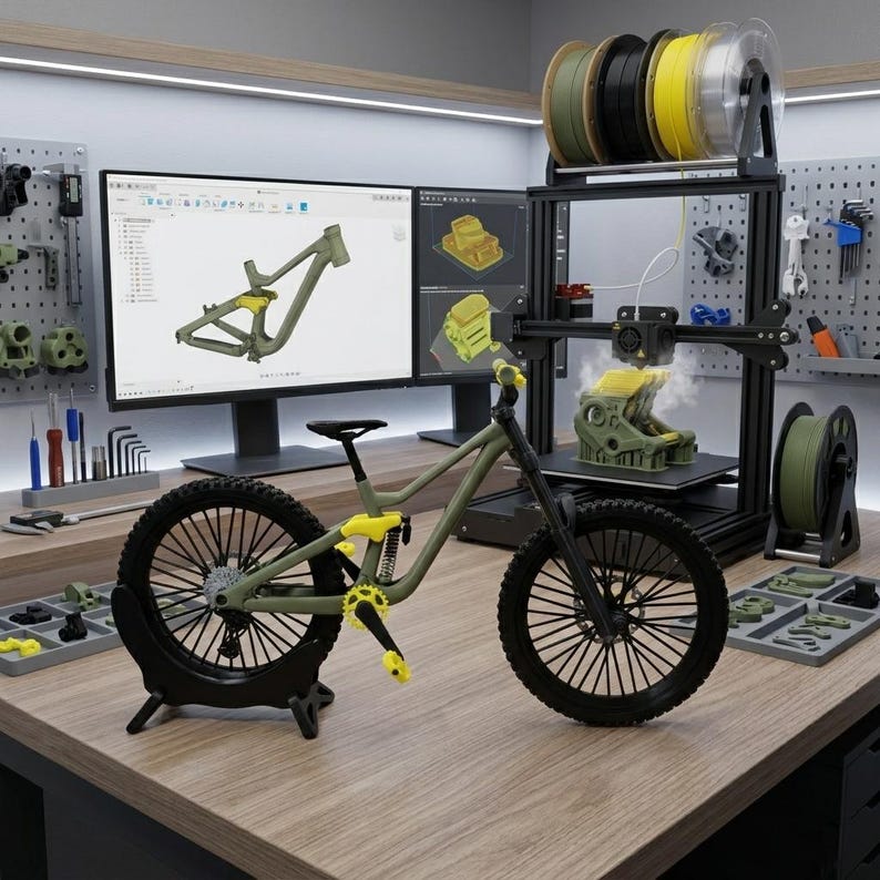 K&ouml;nnte beinhalten: Ein Miniatur-Mountainbike in Olivgr&uuml;n und Gelb, ausgestellt auf einer Holzoberfl&auml;che. Die Szene zeigt einen 3D-Drucker, Computerbildschirme mit Designsoftware und Filamentrollen. Das Fahrrad steht auf einem schwarzen St&auml;nder.