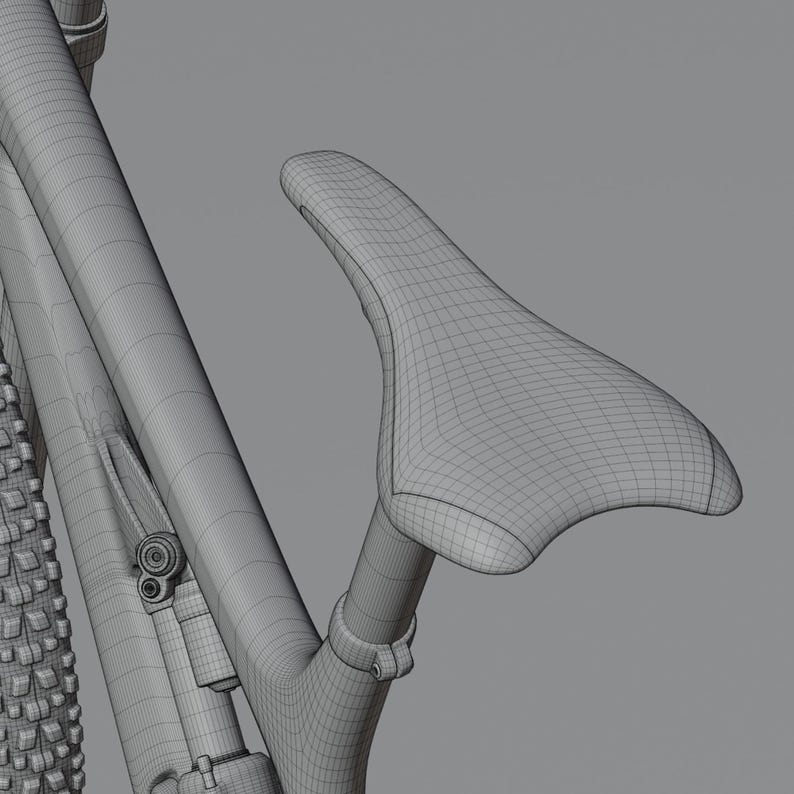 May include: A detailed wireframe rendering of a bicycle, showcasing the seat, frame, and tire. The seat is a contoured shape, and the tire has a textured tread. The image is a grayscale rendering, highlighting the structural design.
