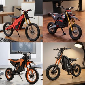 Peut inclure: Quatre mini motos électriques tout-terrain en rouge, noir et orange. Chaque moto a des pneus à crampons, des fourches de suspension et une petite selle. Les motos sont exposées sur une surface en bois, mettant en valeur leur design.