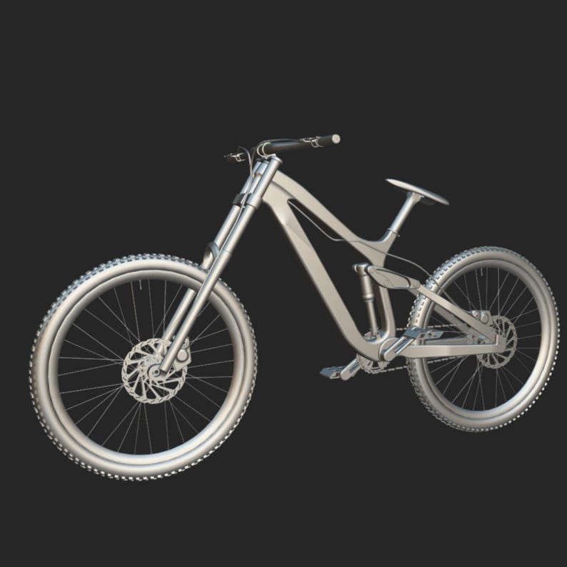 May include: A silver mountain bike with a full suspension design. The bike features knobby tires, disc brakes, and a sleek frame. The handlebars and seat are positioned for a comfortable riding posture. The bike is designed for off-road trails.
