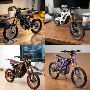 Peut inclure: Quatre modèles réduits de motos tout-terrain électriques en noir, blanc, rouge et violet. Chaque modèle présente des détails tels que les pneus, la suspension et le guidon. Les motos sont exposées sur un bureau, mettant en valeur leur design.