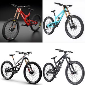 Könnte beinhalten: Gezeigt werden vier Mountainbikes in verschiedenen Farben. Ein rotes Santa Cruz Fahrrad, ein hellblaues Fahrrad, ein silbernes und schwarzes Fahrrad und ein schwarzes Fahrrad. Alle Fahrräder haben große Reifen und Federungssysteme, die für Geländefahrten ausgelegt sind.