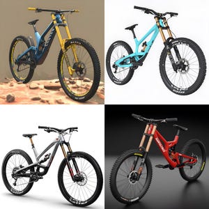 Könnte beinhalten: Gezeigt werden vier Mountainbikes in verschiedenen Farben. Die Fahrräder haben große Reifen, Federungssysteme und unterschiedliche Rahmendesigns. Zu den Farben gehören Blau und Gelb, Hellblau, Schwarz und Silber sowie Rot.