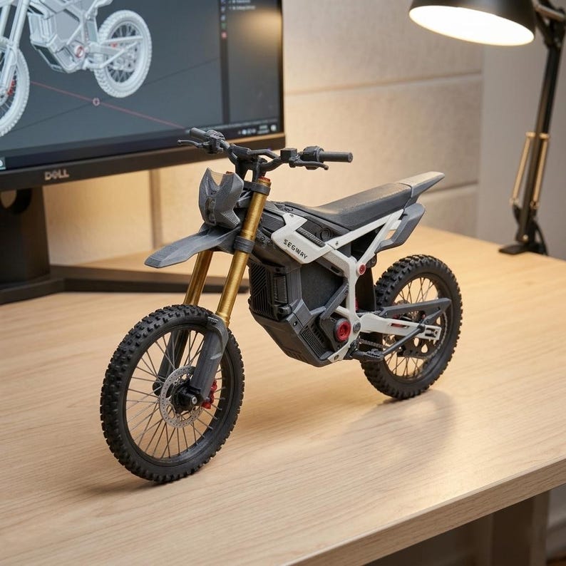 May include: A detailed model of a Segway dirt bike, with a black and grey colour scheme and gold suspension forks. The tyres are black and knobbly, and the bike is displayed on a wooden surface.